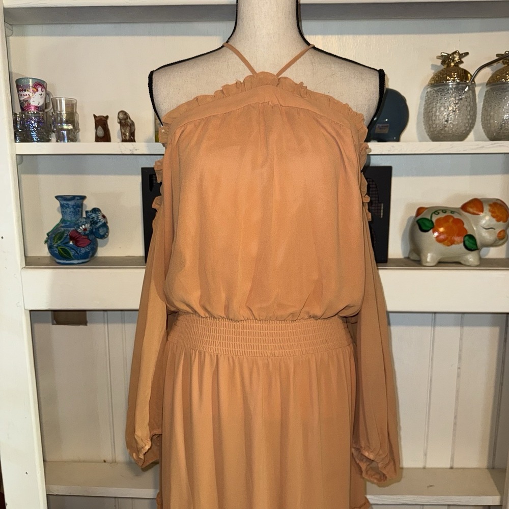 1. State Orange Halter Ruffle Cold Shoulder Long Sleeve XL Maxi Dress